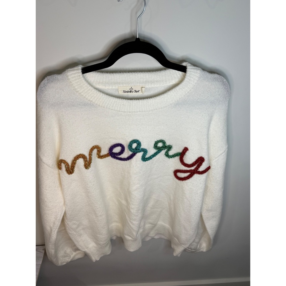 Elizabeth's Closet Ivory Merry Crew Neck Sweater, Colorful Fuzzy Lettering